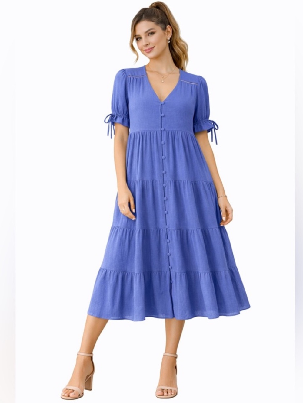 Blue Tiered Midi Dress Boho Cottagecore Button Front Puff Sleeve NWOT Small/Med - Picture 7 of 12